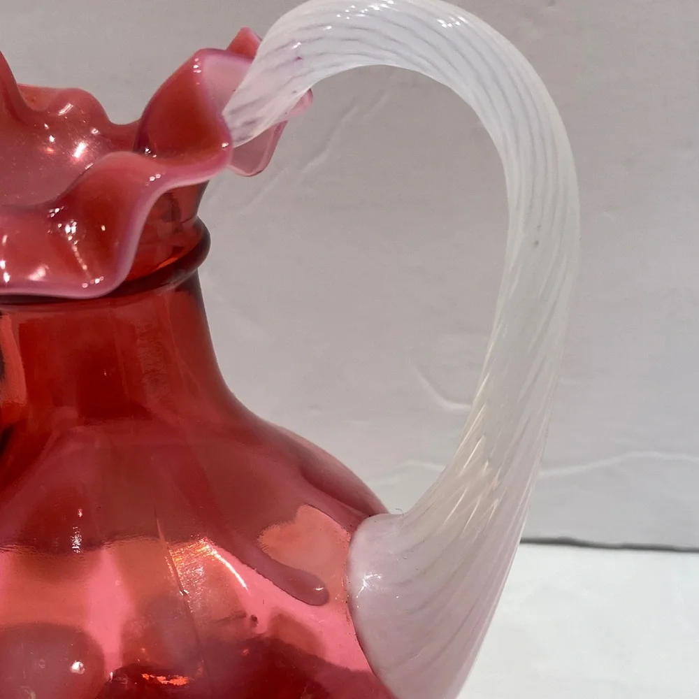 Fenton Cranberry Opalescent Optic Thumbprint Pitcher/Cruet With Applied Handle - Picture 4 of 9